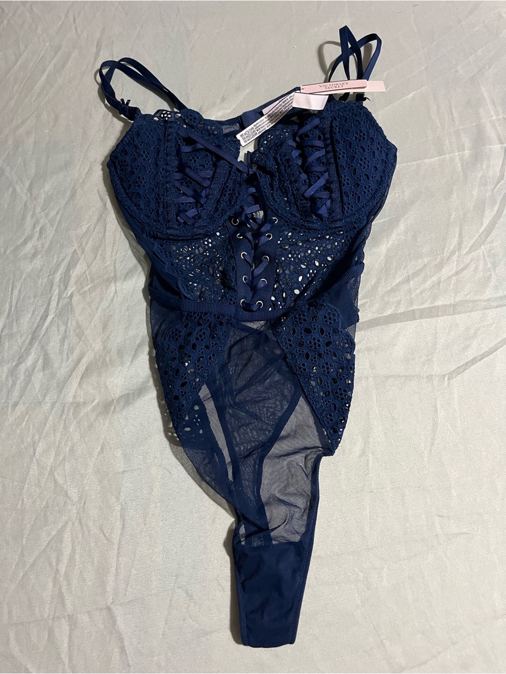 Victoria's Secret Navy Lace-Up Teddy Thong One Piece Lingerie Size Medium NWT